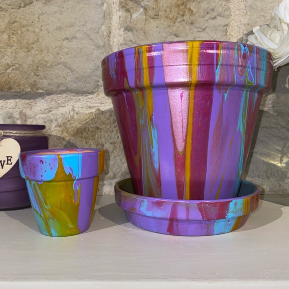 Other - Hand painted Abstract Acrylic fluid pour art clay terracotta flower pot